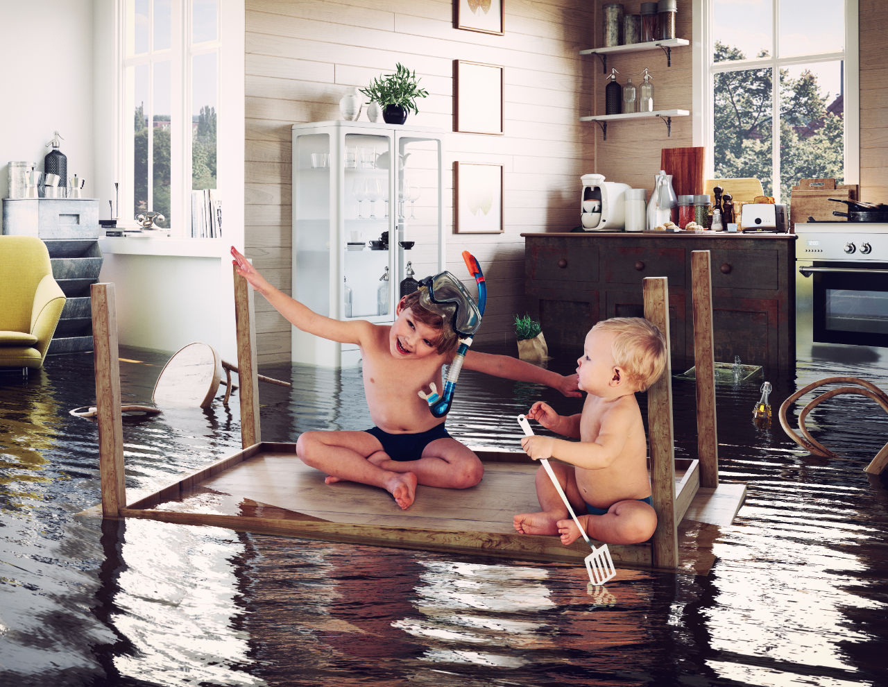 Kids in flooded living room